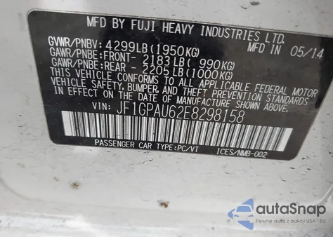 2014 Subaru Impreza 2.0I Sport Limited z USA, uszkodzony, nr VIN JF1GPAU62E8298158